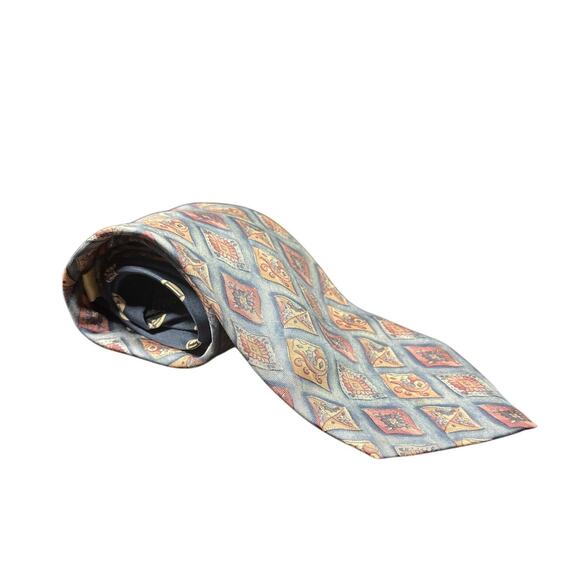 Louis Feraud Silk Geometric Pattern Tie Blue Beige 3.75 Wide  Louis Feraud vintage silk tie with geometric diamond pattern